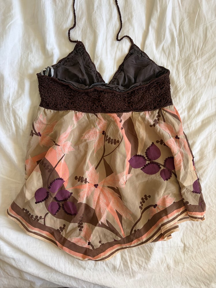 Vintage Y2K brown crochet bust silk sequin asymmetrical hem cami