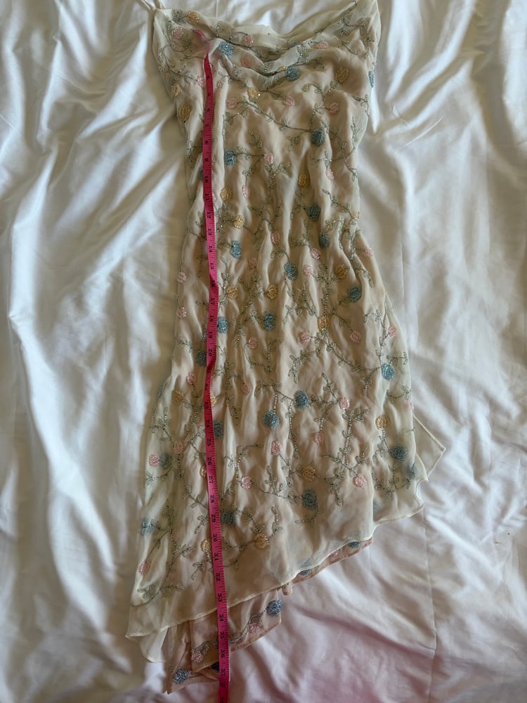 Asymetrical hem pastel sequin and beaded dress with key hole back