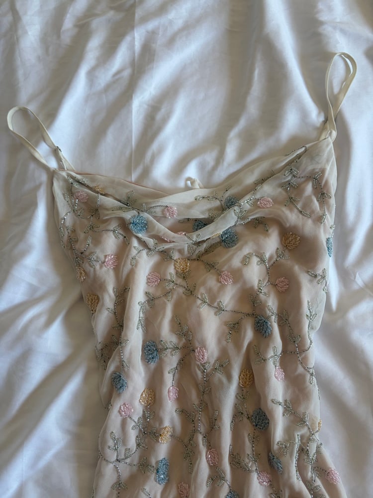 Asymetrical hem pastel sequin and beaded dress with key hole back