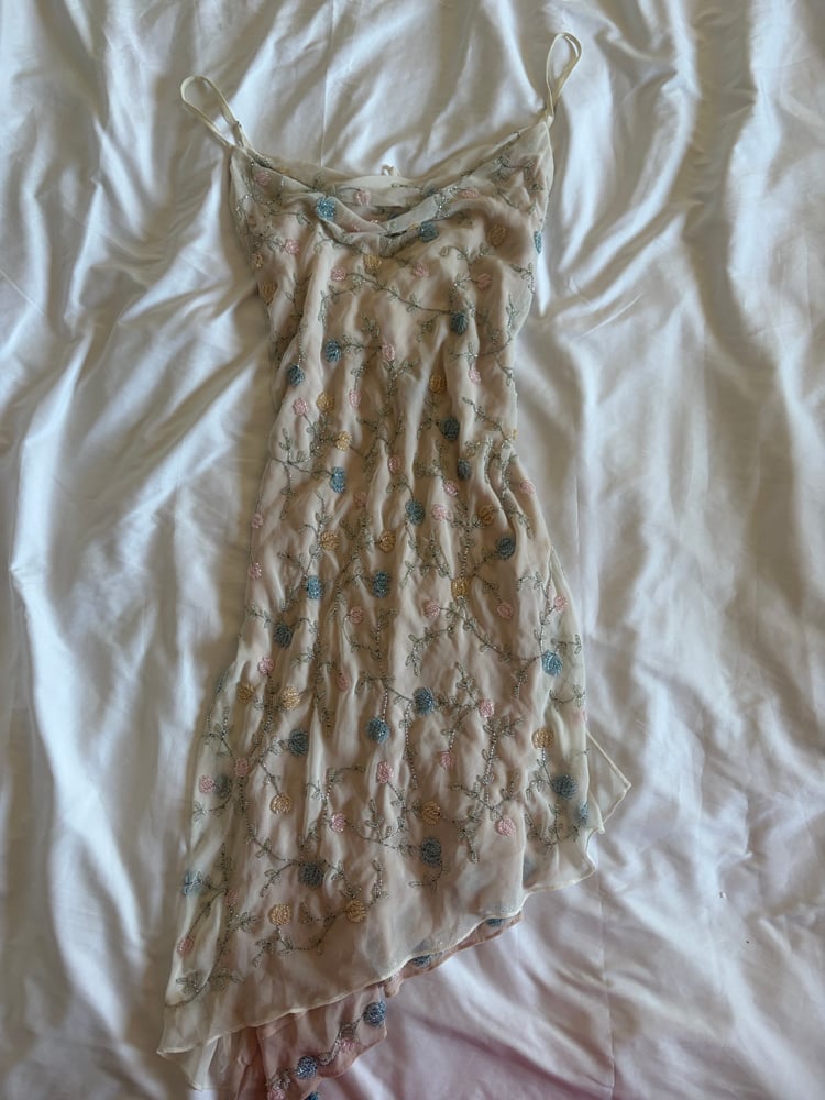 Asymetrical hem pastel sequin and beaded dress with key hole back