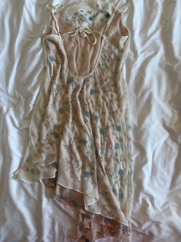 Asymetrical hem pastel sequin and beaded dress with key hole back