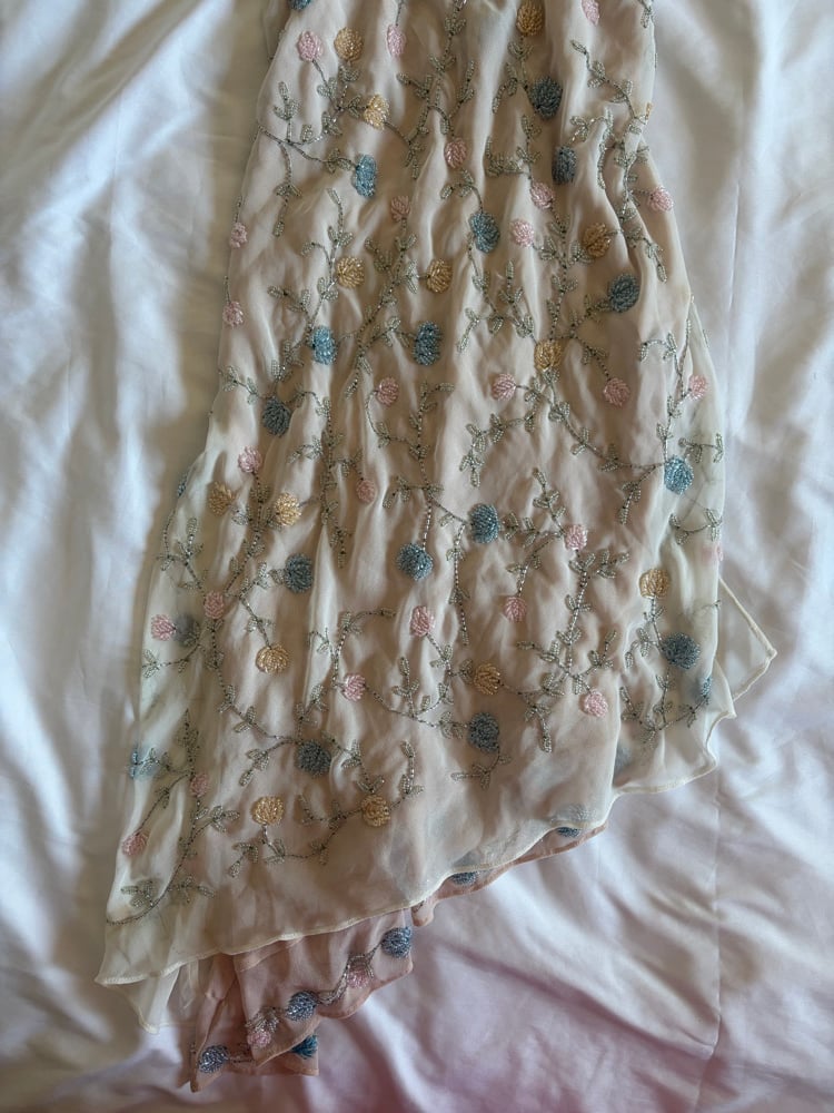 Asymetrical hem pastel sequin and beaded dress with key hole back