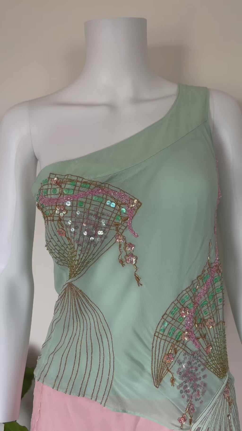 Rare 2004 Karen Millen Silk Turquoise Blouse with Fan Beadwork and Draped Fringe