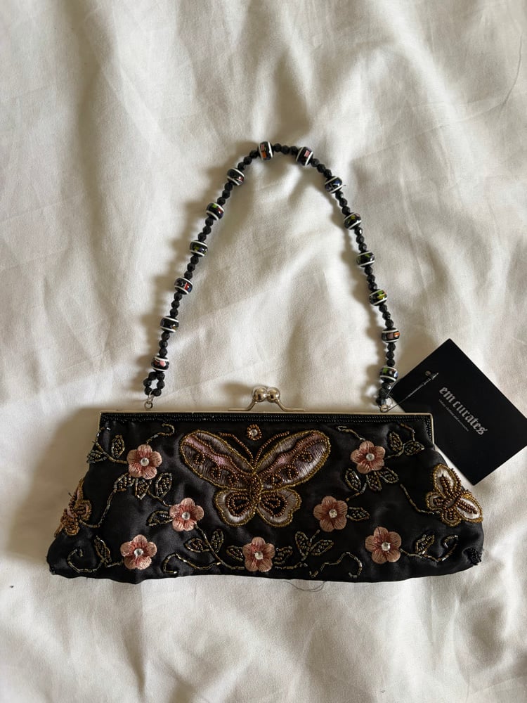 Vintage 1990s black butterfly beaded and embroidered bag with beaded handle