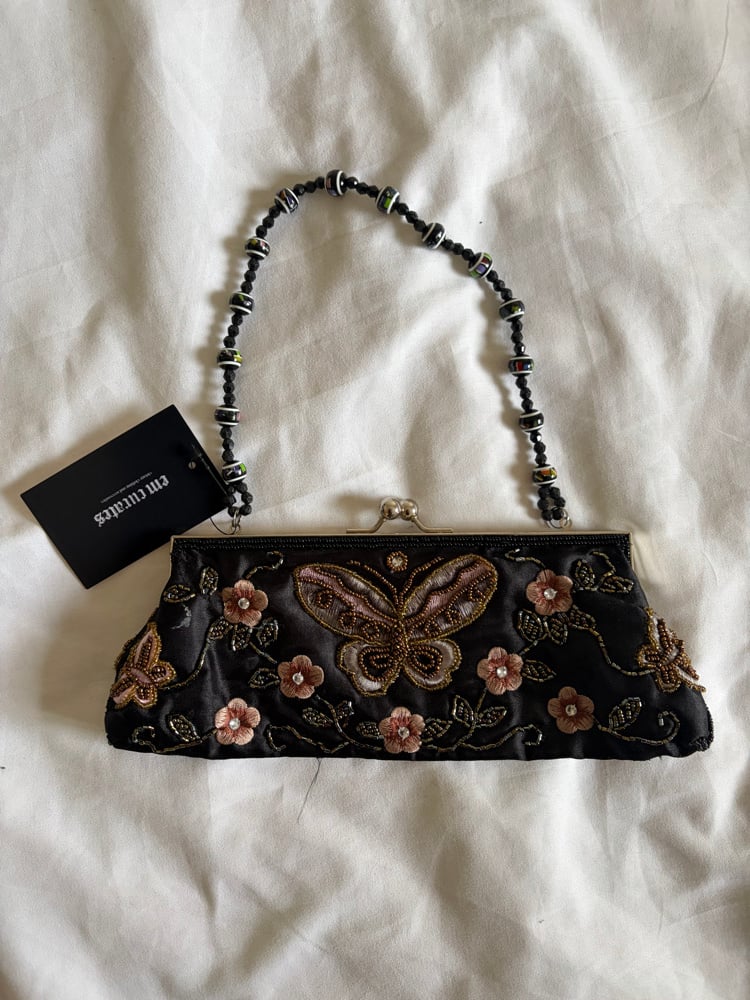 Vintage 1990s black butterfly beaded and embroidered bag with beaded handle