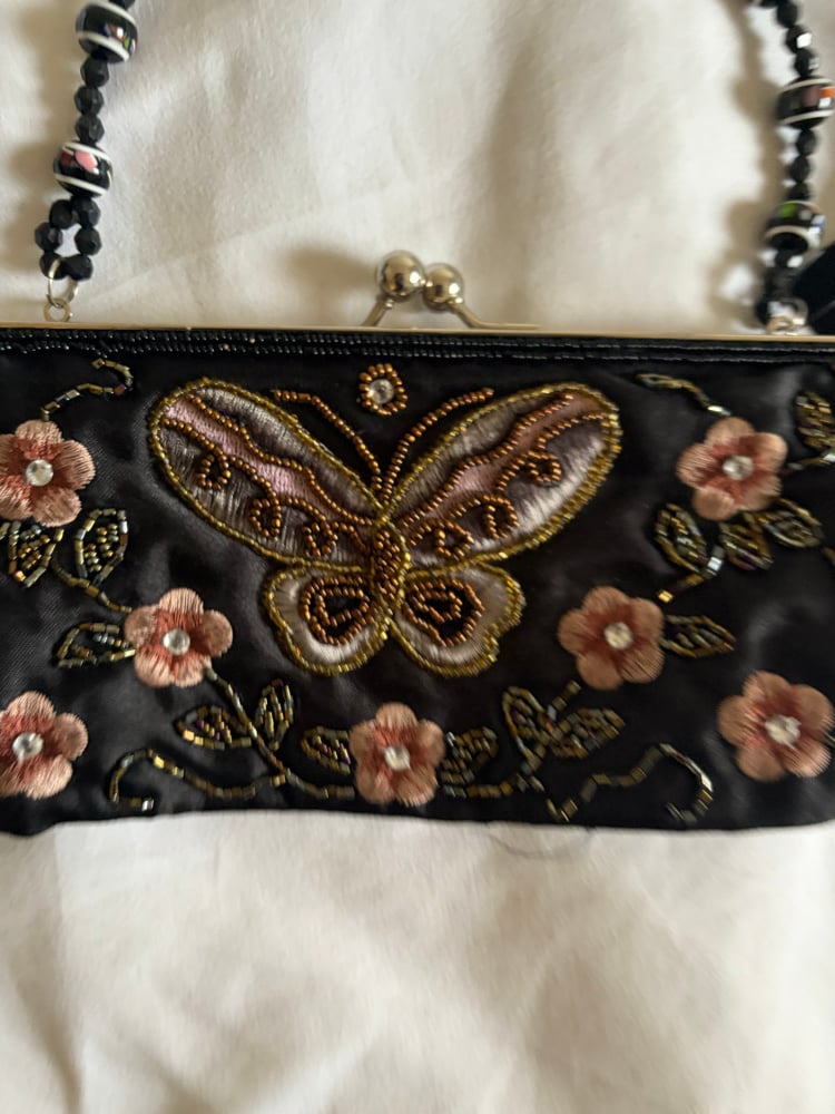 Vintage 1990s black butterfly beaded and embroidered bag with beaded handle