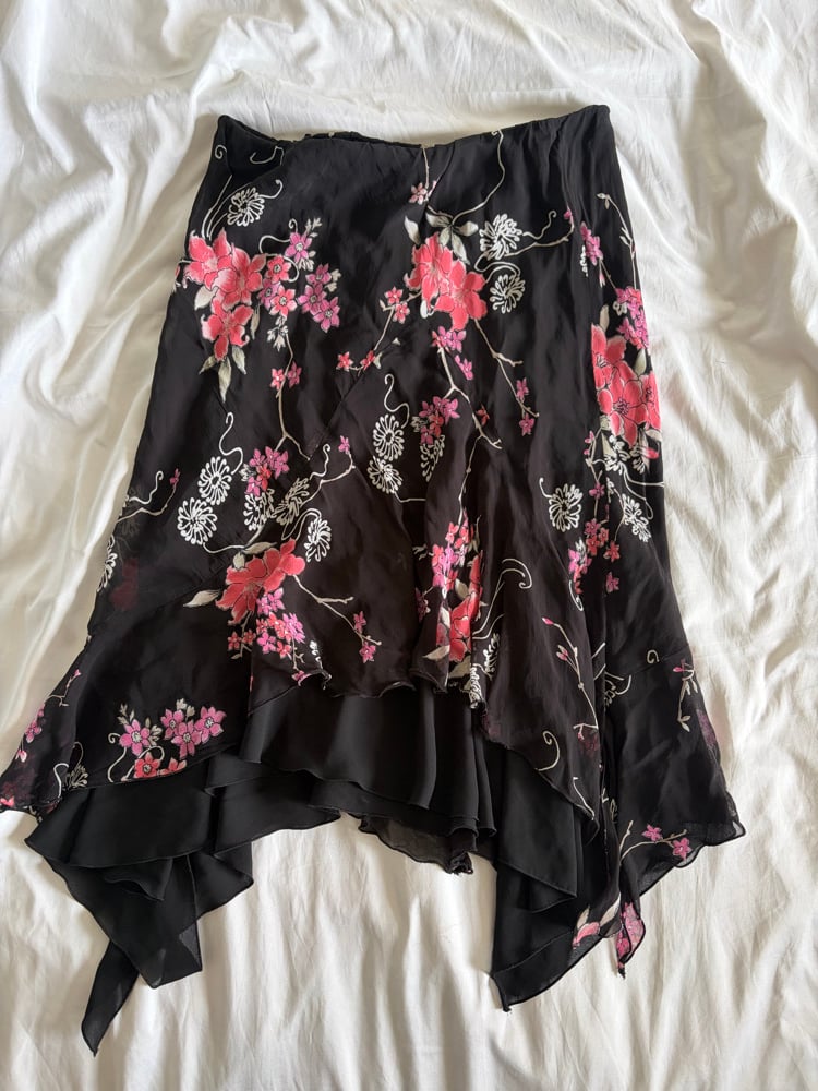 Vintage 1990s black floral asymmetrical hem floaty fairy skirt