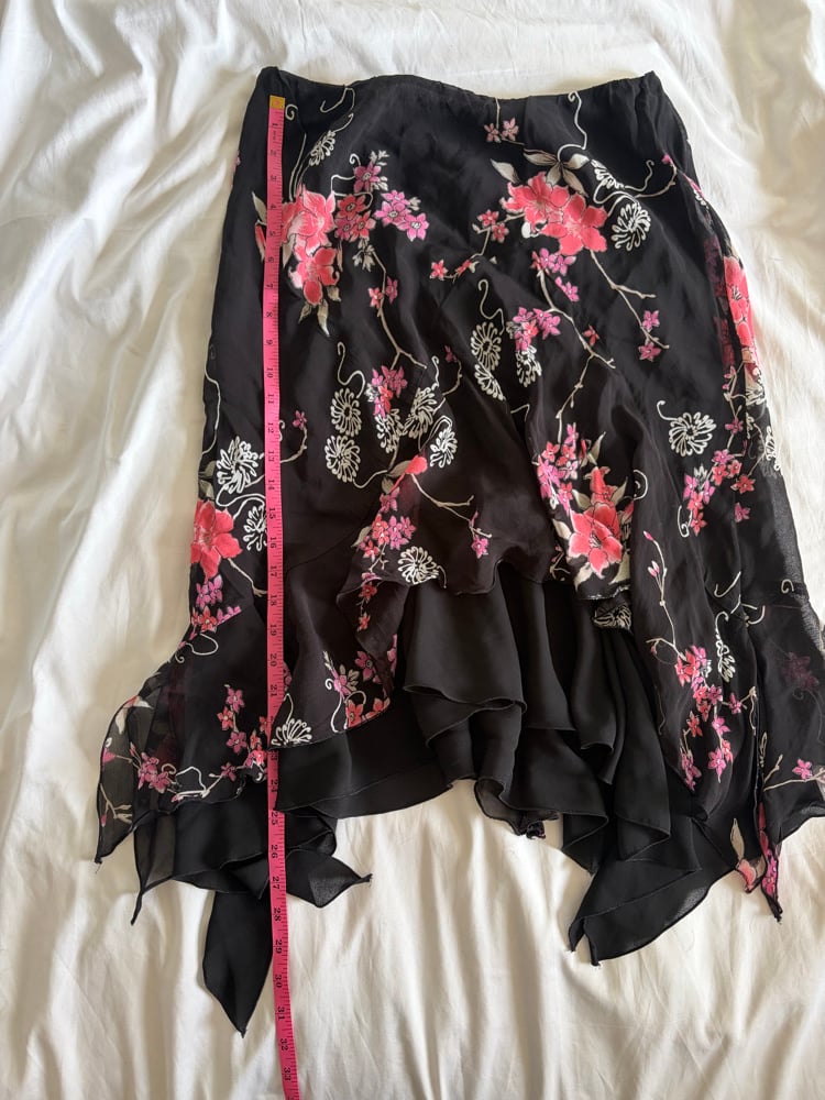 Vintage 1990s black floral asymmetrical hem floaty fairy skirt