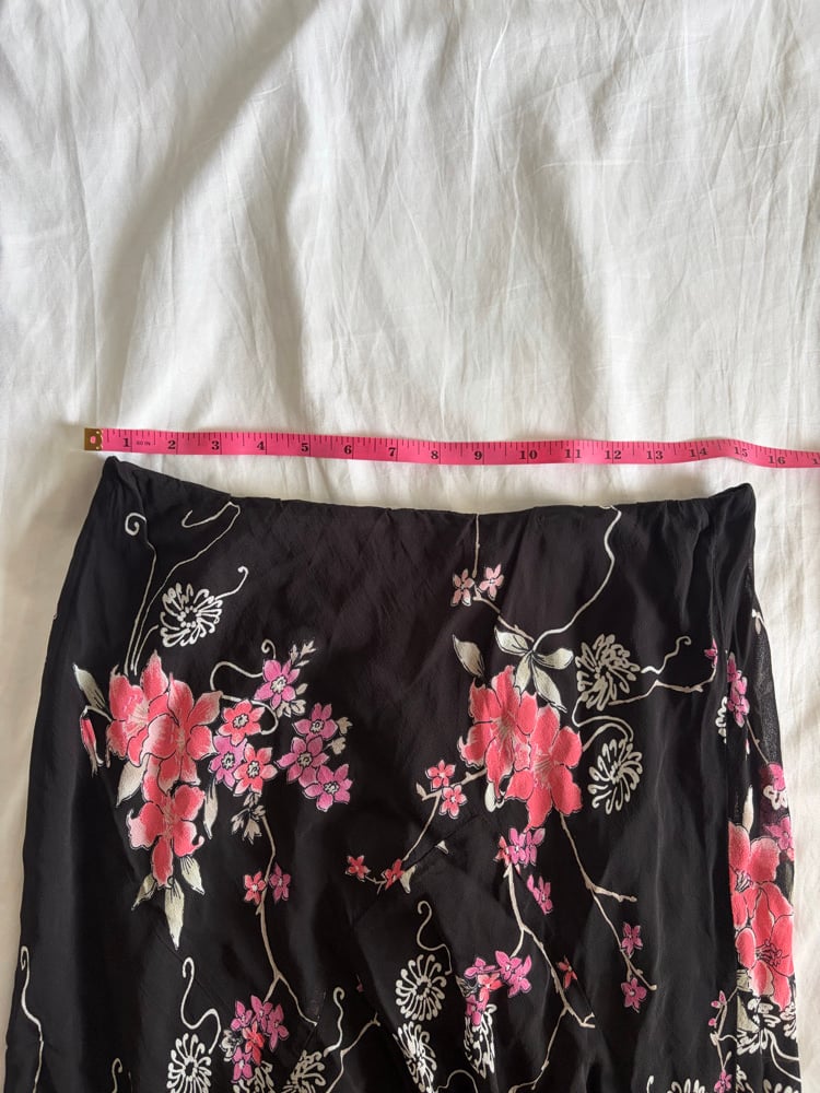 Vintage 1990s black floral asymmetrical hem floaty fairy skirt