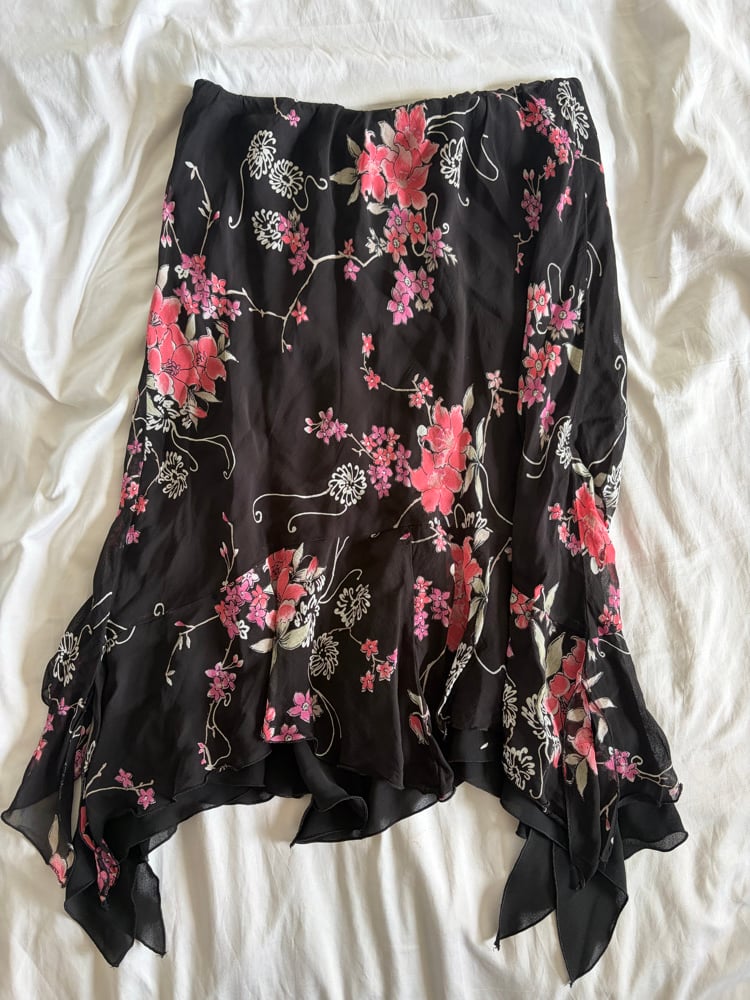 Vintage 1990s black floral asymmetrical hem floaty fairy skirt
