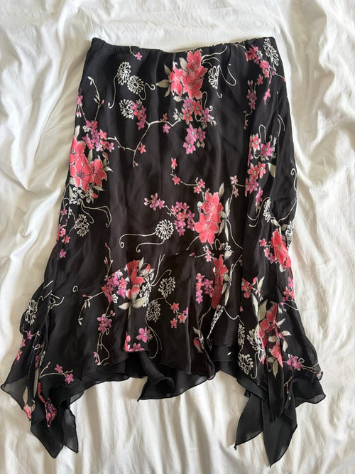 Vintage 1990s black floral asymmetrical hem floaty fairy skirt