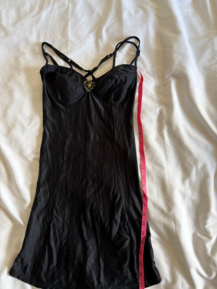 Vintage 1990s black mini slip with floral embellishment detail