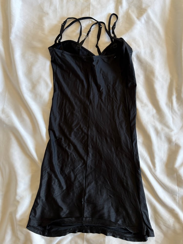 Vintage 1990s black mini slip with floral embellishment detail