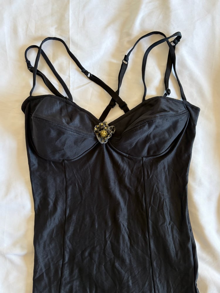 Vintage 1990s black mini slip with floral embellishment detail