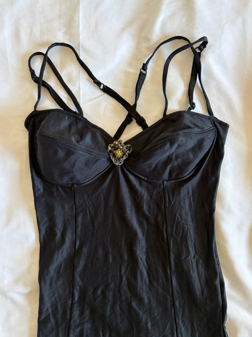Vintage 1990s black mini slip with floral embellishment detail