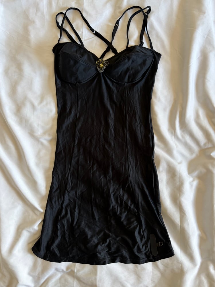 Vintage 1990s black mini slip with floral embellishment detail