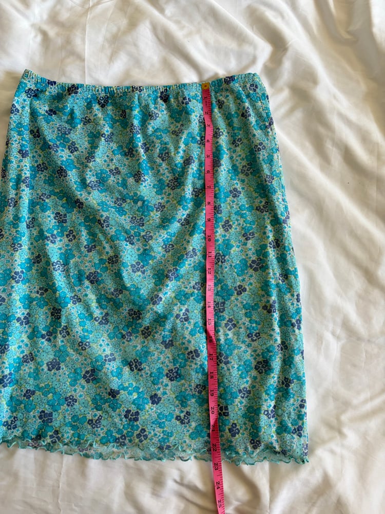 Vintage 1990s blue floral ditsy mesh midi skirt with lettuce hem
