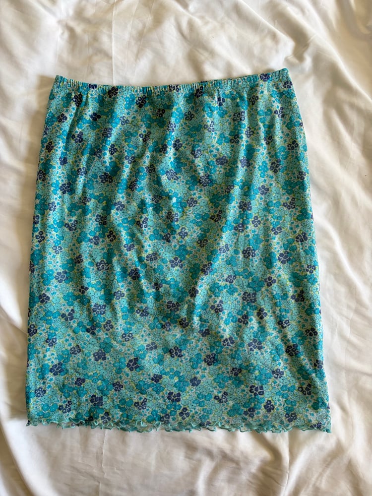Vintage 1990s blue floral ditsy mesh midi skirt with lettuce hem