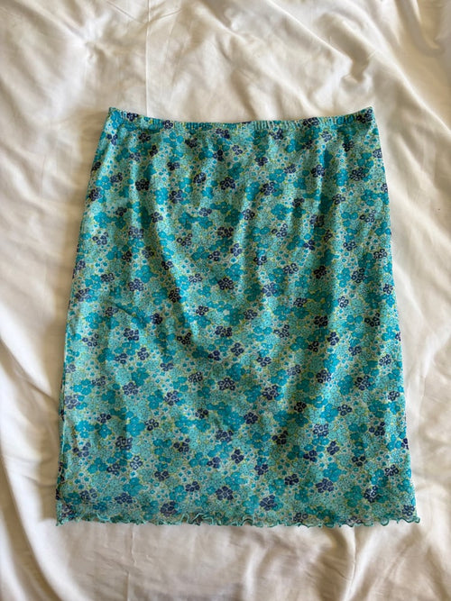 Vintage 1990s blue floral ditsy mesh midi skirt with lettuce hem