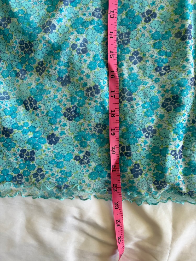 Vintage 1990s blue floral ditsy mesh midi skirt with lettuce hem