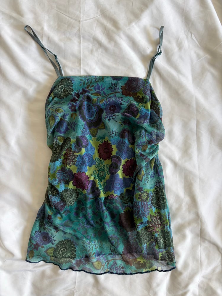 Vintage 1990s blue mesh floral cami with ruched sides