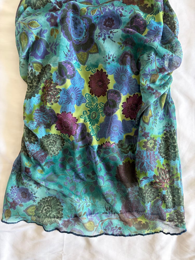 Vintage 1990s blue mesh floral cami with ruched sides