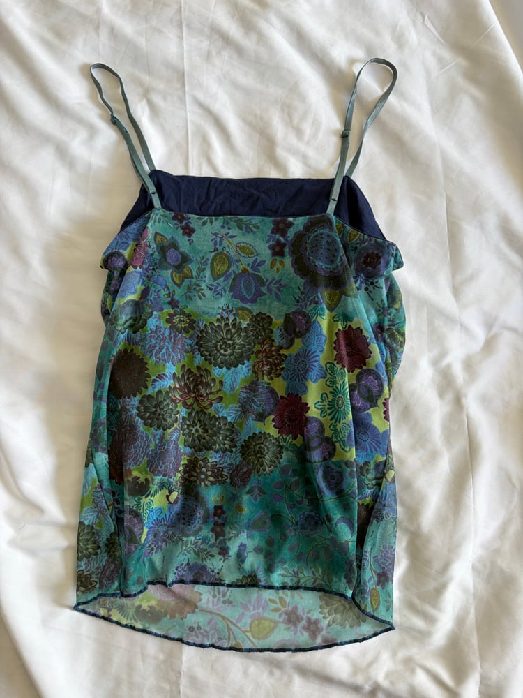 Vintage 1990s blue mesh floral cami with ruched sides