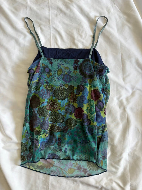 Vintage 1990s blue mesh floral cami with ruched sides