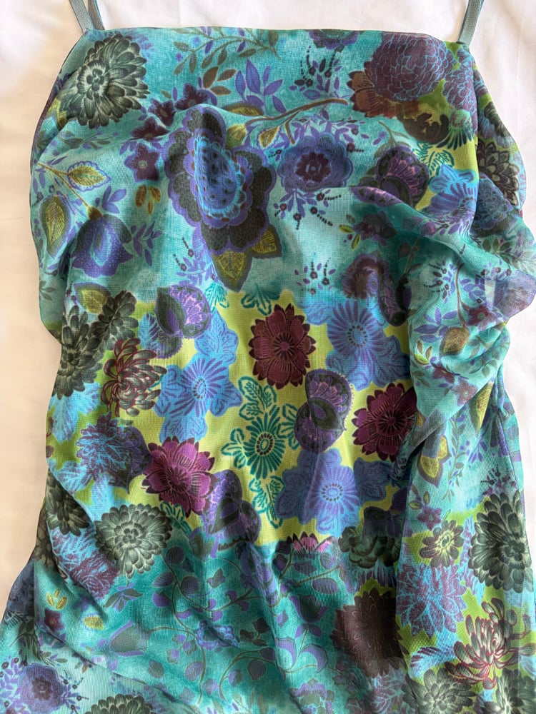 Vintage 1990s blue mesh floral cami with ruched sides