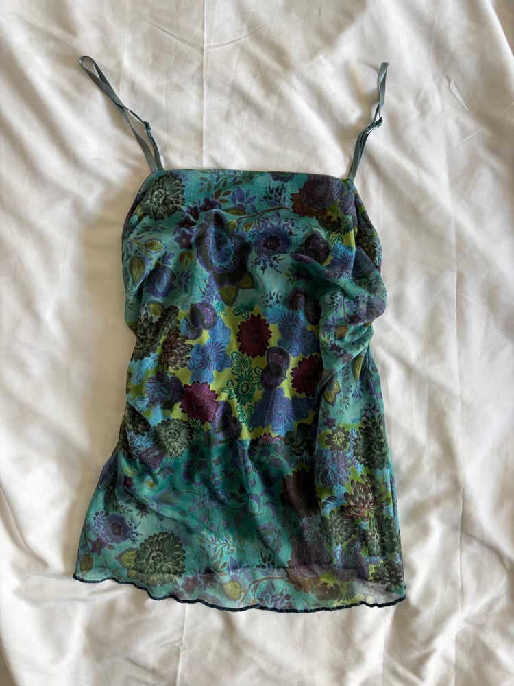 Vintage 1990s blue mesh floral cami with ruched sides