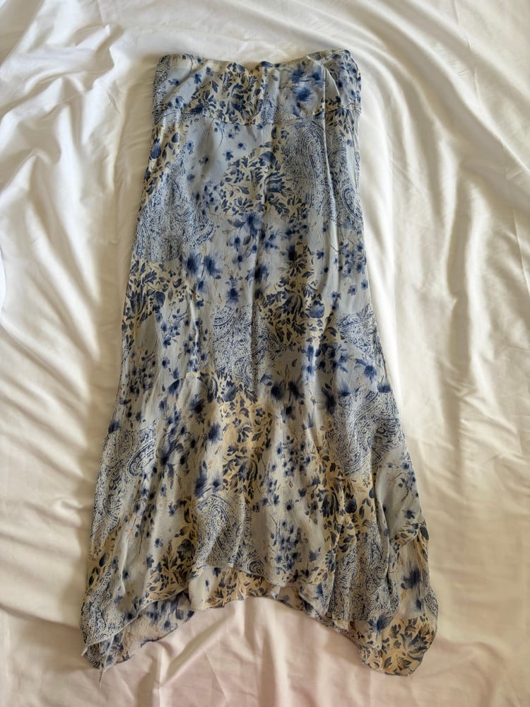 Vintage 1990s blue patchwork style paisley and floral maxi skirt with handkerchief hem