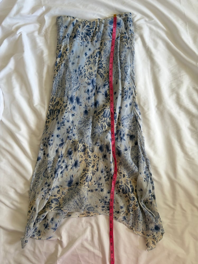 Vintage 1990s blue patchwork style paisley and floral maxi skirt with handkerchief hem