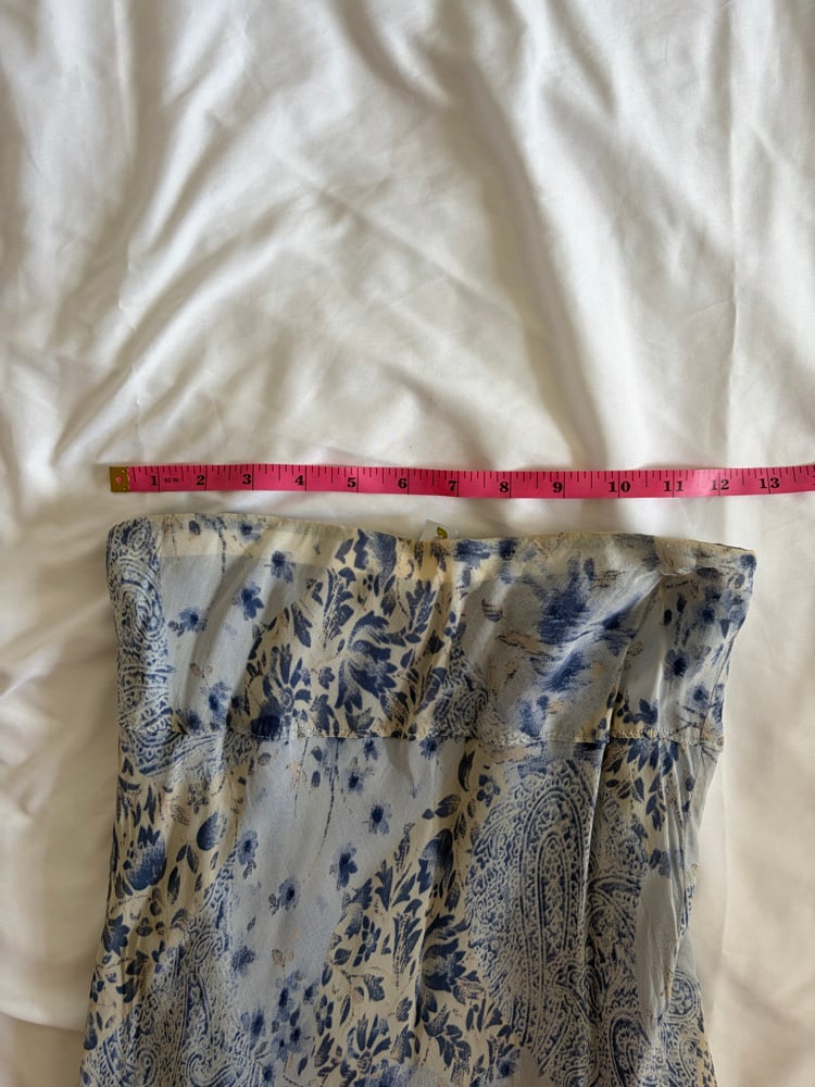 Vintage 1990s blue patchwork style paisley and floral maxi skirt with handkerchief hem