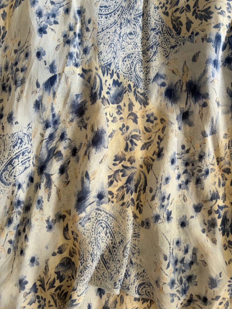 Vintage 1990s blue patchwork style paisley and floral maxi skirt with handkerchief hem