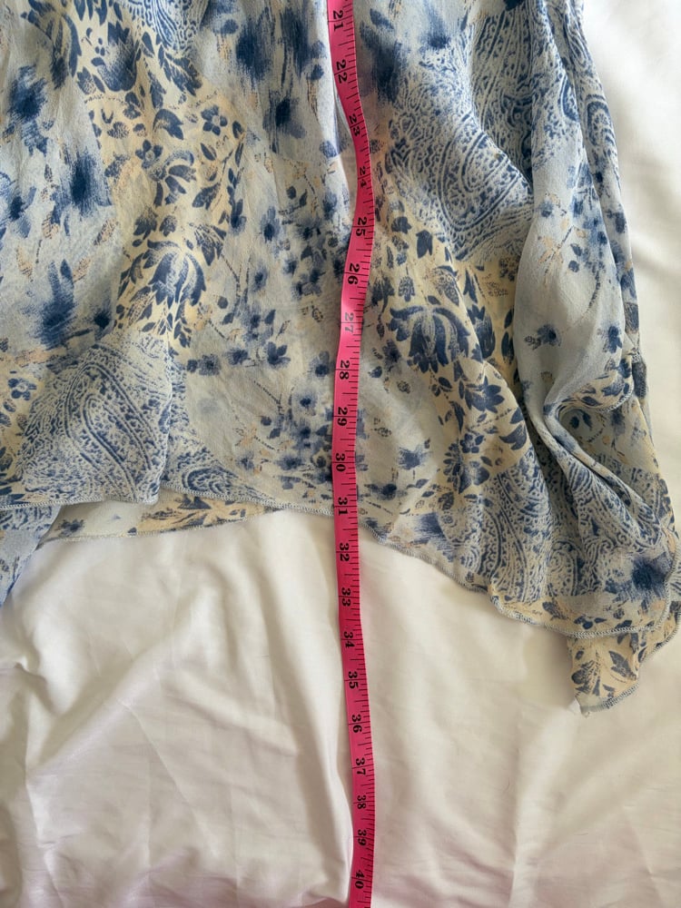 Vintage 1990s blue patchwork style paisley and floral maxi skirt with handkerchief hem