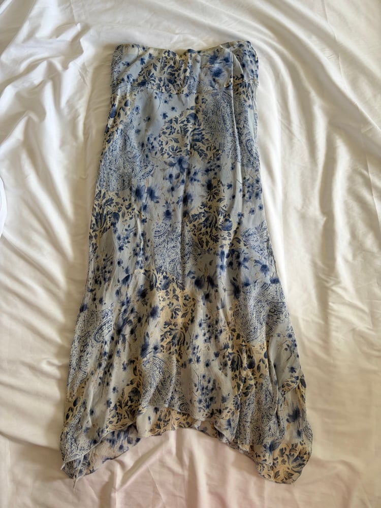 Vintage 1990s blue patchwork style paisley and floral maxi skirt with handkerchief hem