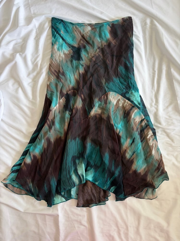 Vintage 1990s brown and teal grungy tie dye mermaid hem maxi skirt 