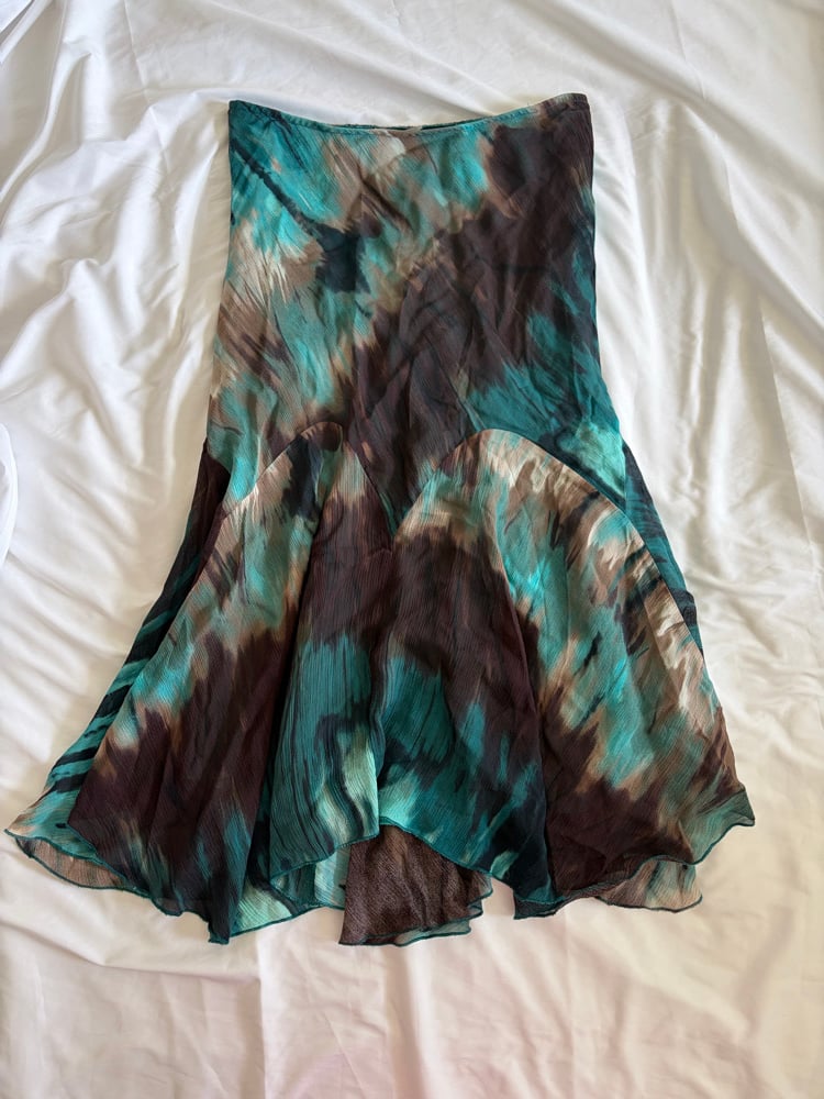 Vintage 1990s brown and teal grungy tie dye mermaid hem maxi skirt 