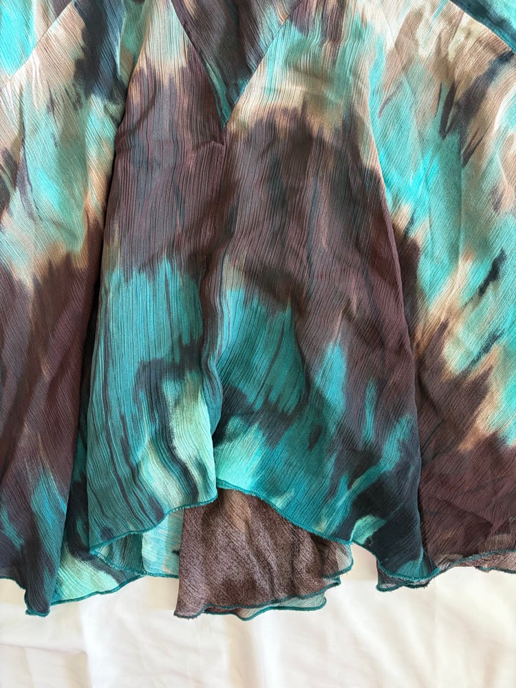 Vintage 1990s brown and teal grungy tie dye mermaid hem maxi skirt 