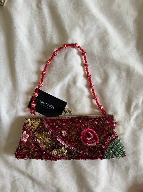 Vintage 1990s Cherry Red beaded and sequin bag with beaded handle