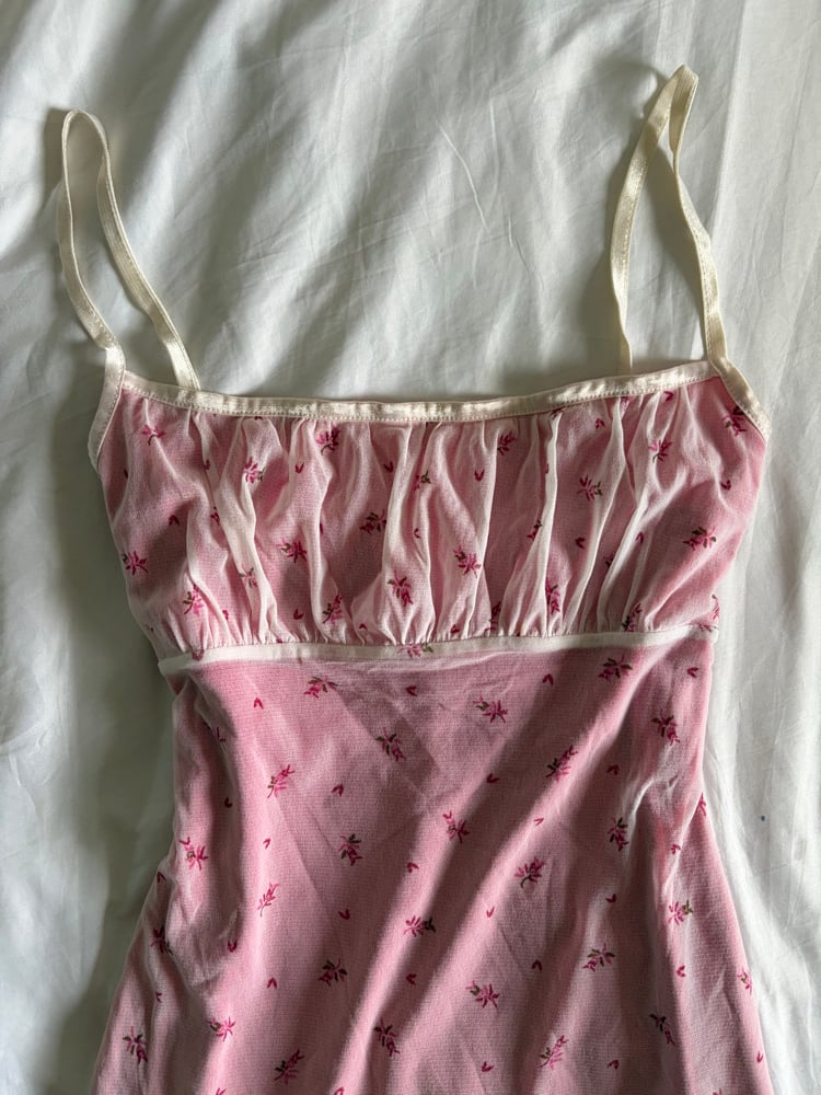 Vintage 1990s floral mesh milkmaid style dress with pink underlay