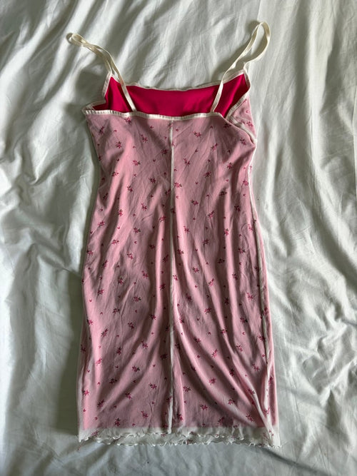 Vintage 1990s floral mesh milkmaid style dress with pink underlay