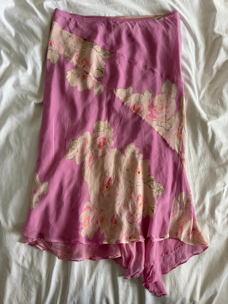 Vintage 1990s pink silk floral bias cut asymmetrical hem midi skirt