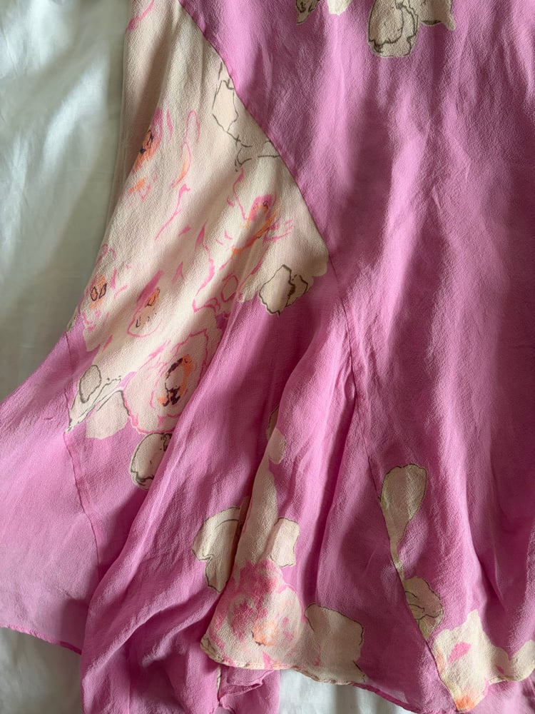 Vintage 1990s pink silk floral bias cut asymmetrical hem midi skirt