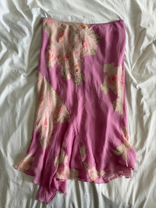 Vintage 1990s pink silk floral bias cut asymmetrical hem midi skirt
