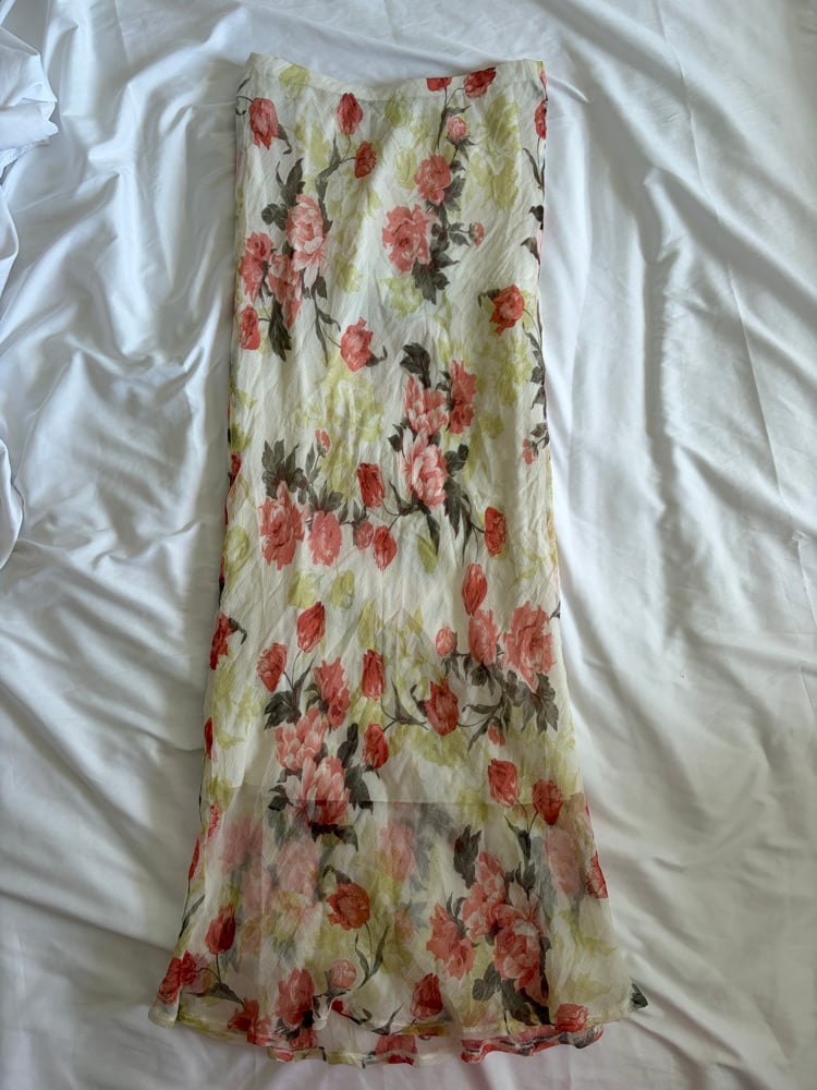 Vintage 1990s  silk cream and red floral maxi skirt with floaty hem 