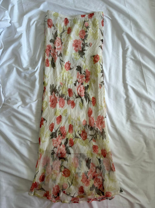 Vintage 1990s  silk cream and red floral maxi skirt with floaty hem 