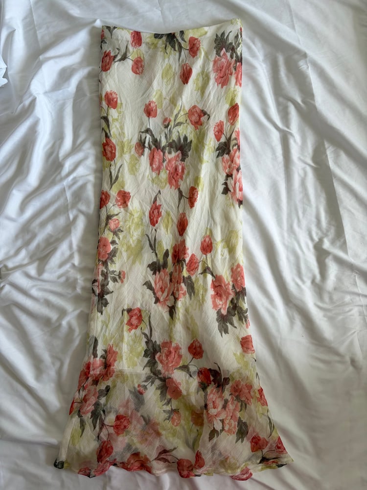 Vintage 1990s  silk cream and red floral maxi skirt with floaty hem 