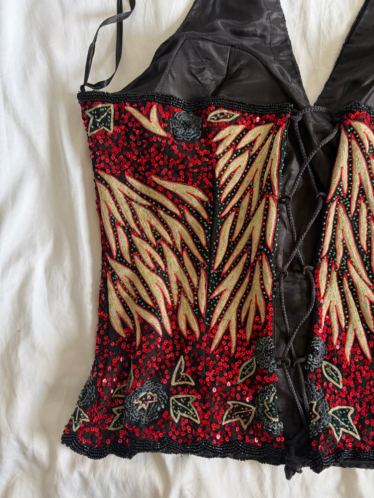 Vintage black and red corset beaded and sequin style halter