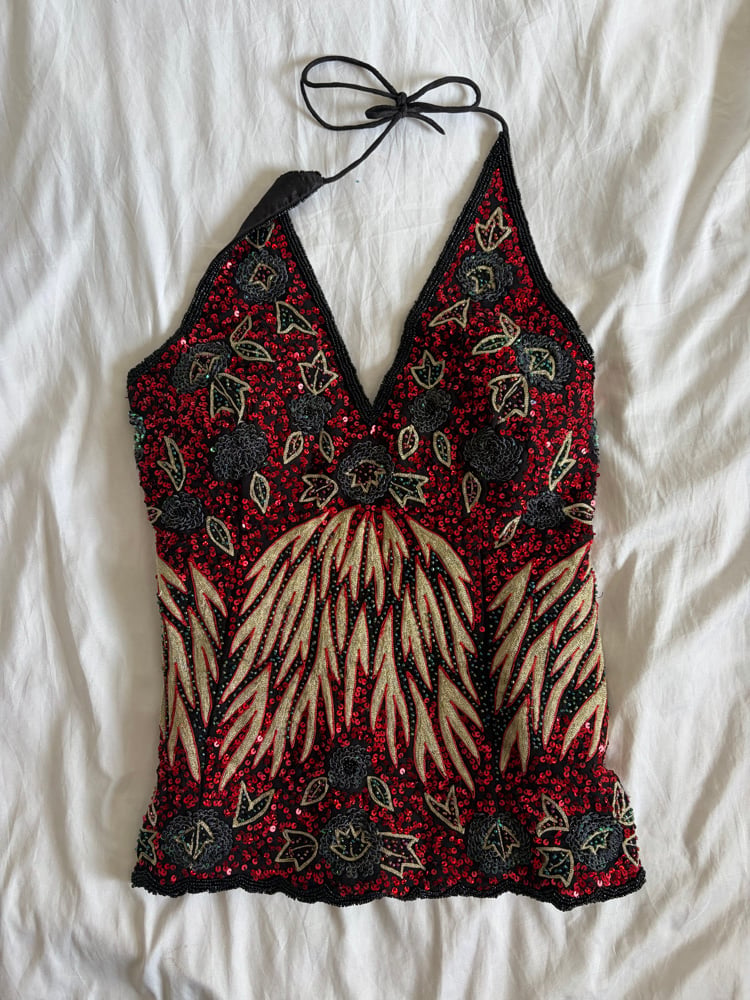 Vintage black and red corset beaded and sequin style halter